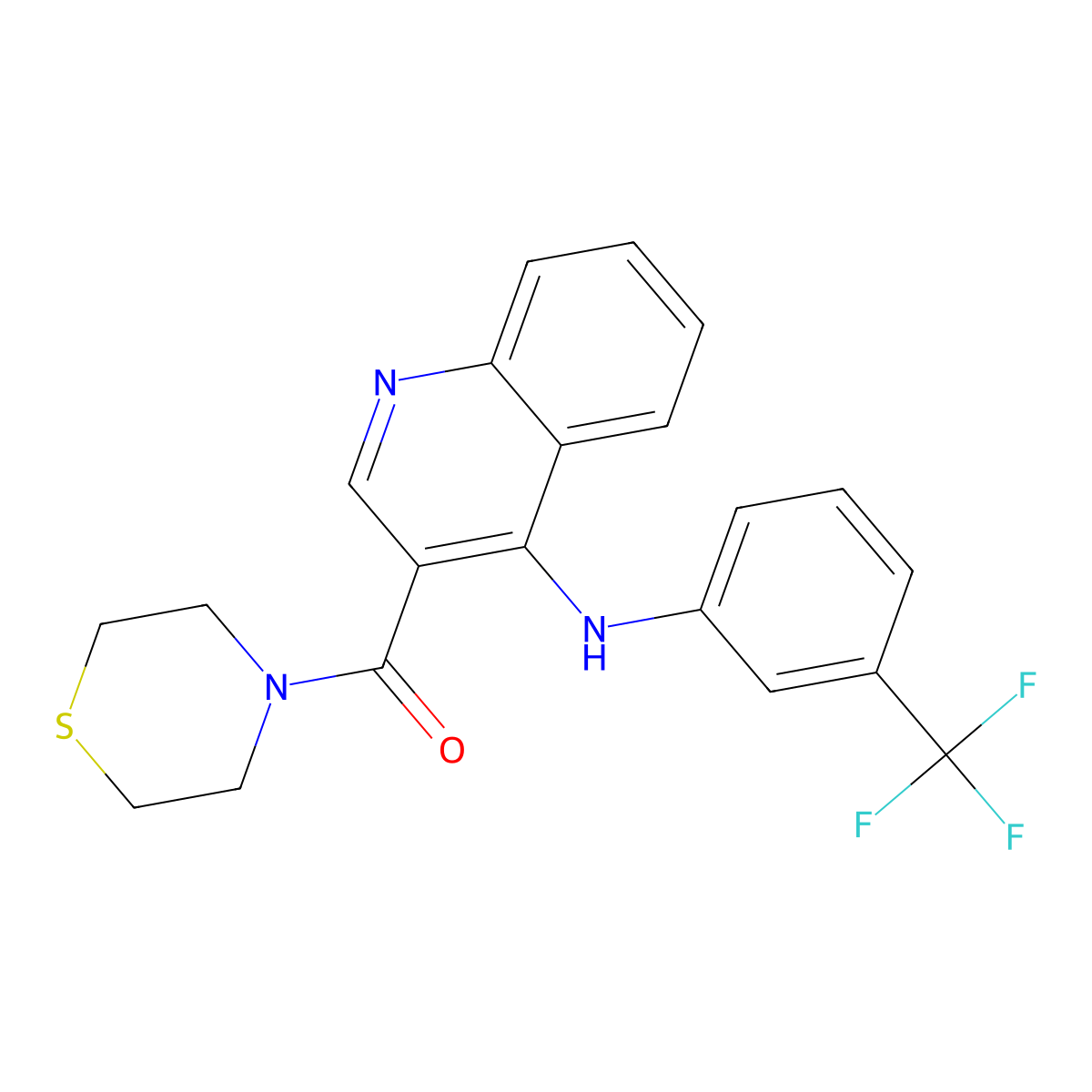 Thiomorpholino(4-((3-(trifluoromethyl)phenyl)amino)quinolin-3-yl)methanone molecular structure, CAS 1357783-39-1