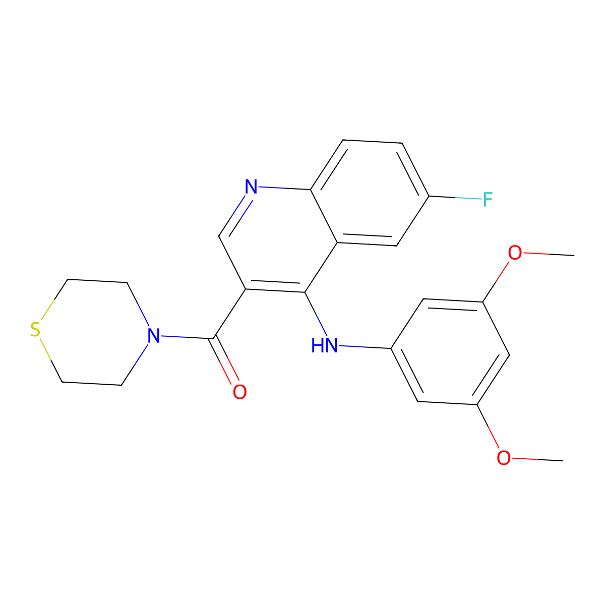 (4-((3,5-Dimethoxyphenyl)amino)-6-fluoroquinolin-3-yl)(thiomorpholino)methanone molecular structure, CAS 1357783-61-9