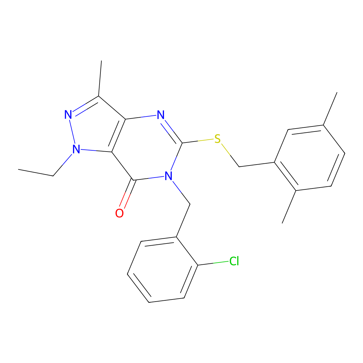 6-(2-chlorobenzyl)-5-((2,5-dimethylbenzyl)thio)-1-ethyl-3-methyl-1H-pyrazolo[4,3-d]pyrimidin-7(6H)-one molecular structure, CAS 1357783-63-1