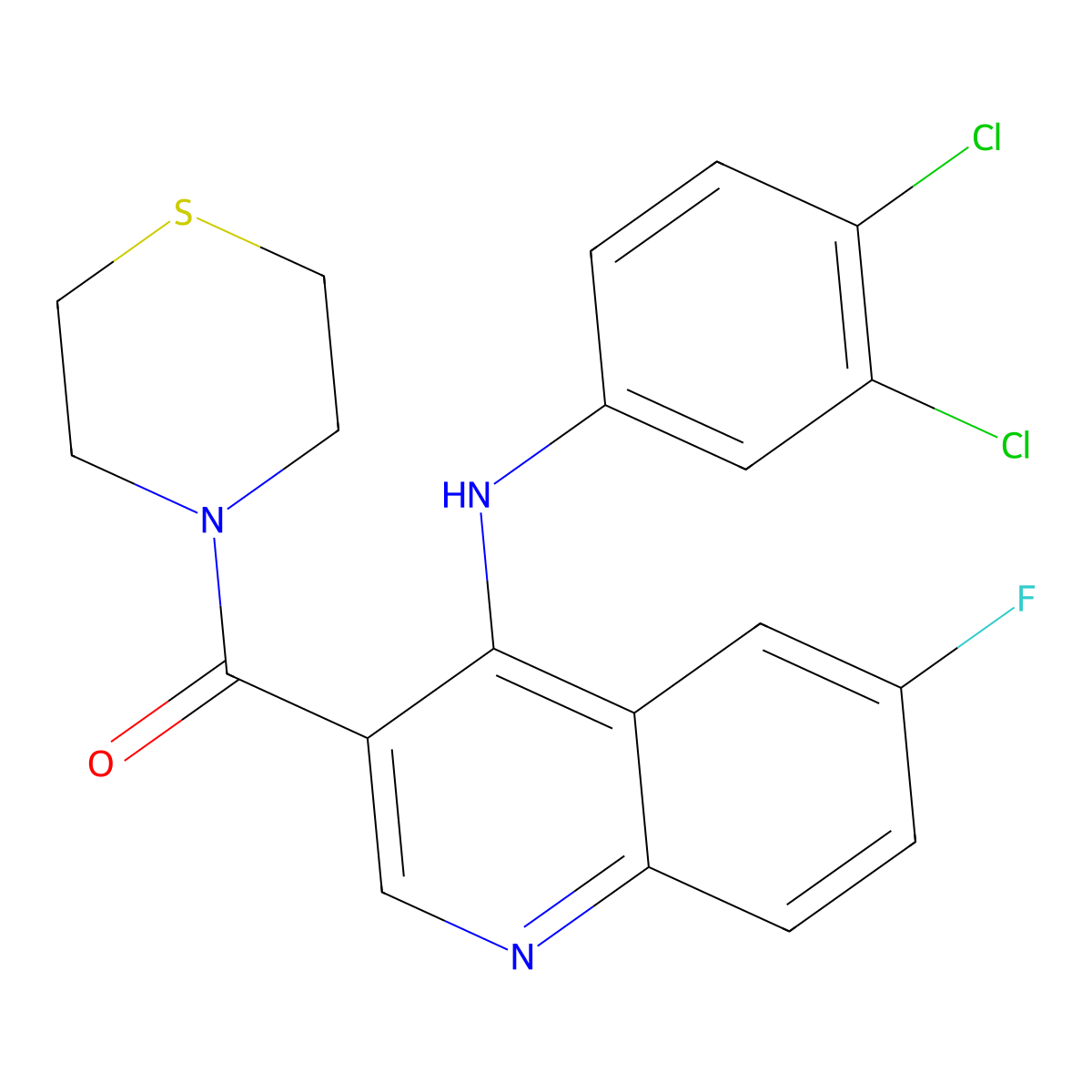 (4-((3,4-Dichlorophenyl)amino)-6-fluoroquinolin-3-yl)(thiomorpholino)methanone molecular structure, CAS 1357783-67-5