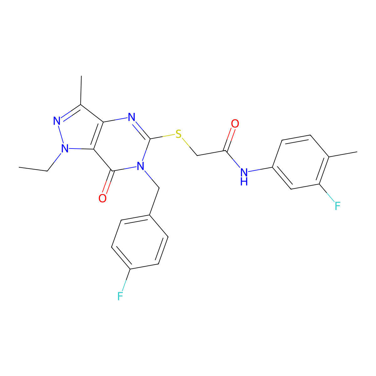 2-((1-ethyl-6-(4-fluorobenzyl)-3-methyl-7-oxo-6,7-dihydro-1H-pyrazolo[4,3-d]pyrimidin-5-yl)thio)-N-(3-fluoro-4-methylphenyl)acetamide molecular structure, CAS 1357784-01-0