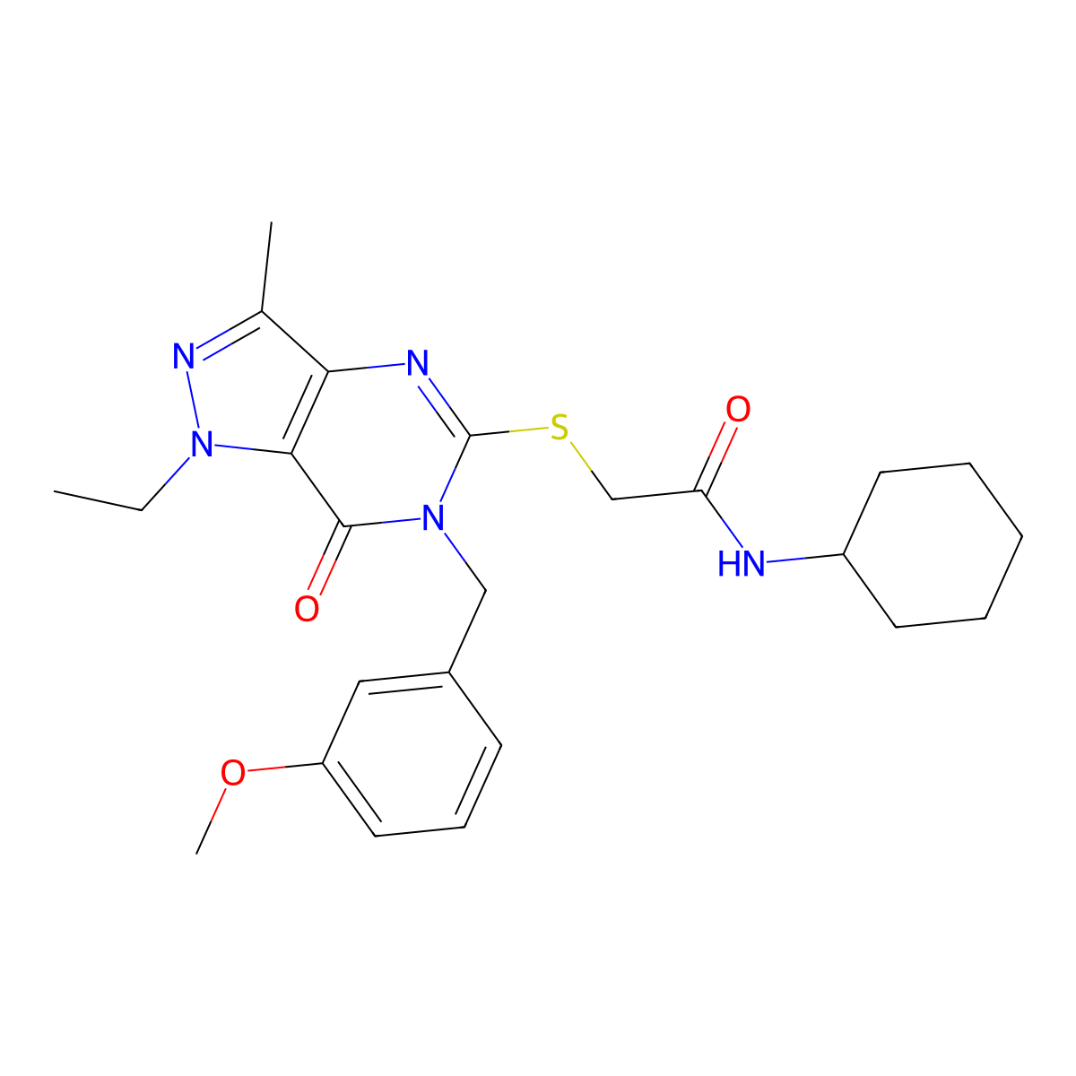 N-cyclohexyl-2-({1-ethyl-6-[(3-methoxyphenyl)methyl]-3-methyl-7-oxo-1H,6H,7H-pyrazolo[4,3-d]pyrimidin-5-yl}sulfanyl)acetamide molecular structure, CAS 1357784-32-7