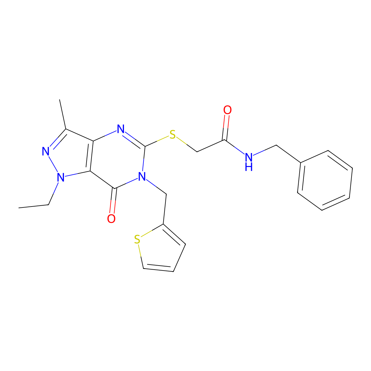 N-benzyl-2-({1-ethyl-3-methyl-7-oxo-6-[(thiophen-2-yl)methyl]-1H,6H,7H-pyrazolo[4,3-d]pyrimidin-5-yl}sulfanyl)acetamide molecular structure, CAS 1357784-41-8