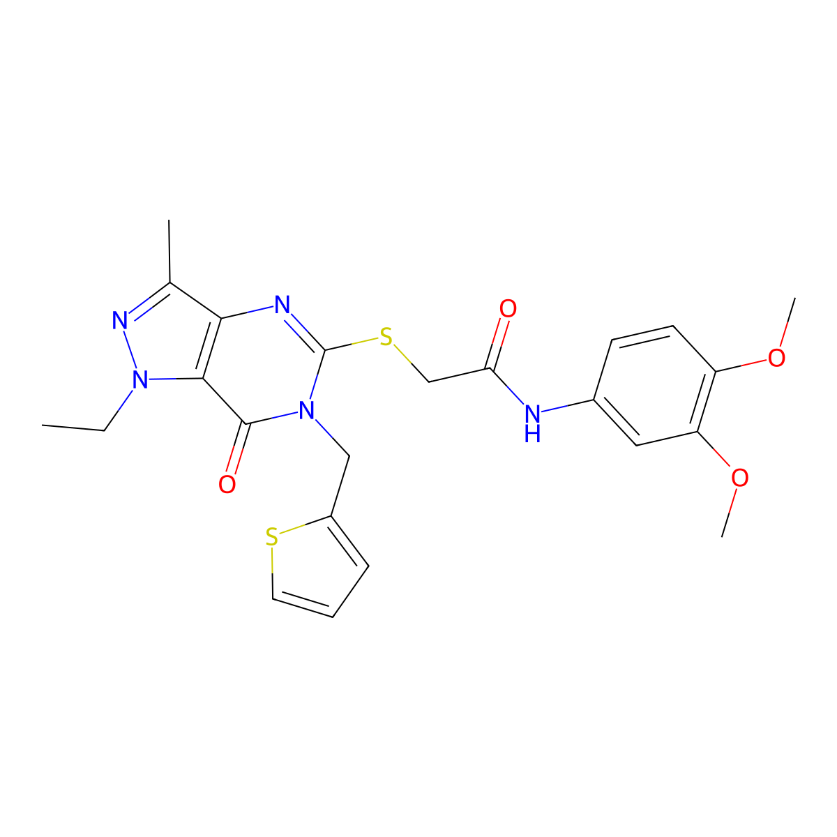 N-(3,4-dimethoxyphenyl)-2-({1-ethyl-3-methyl-7-oxo-6-[(thiophen-2-yl)methyl]-1H,6H,7H-pyrazolo[4,3-d]pyrimidin-5-yl}sulfanyl)acetamide molecular structure, CAS 1357784-62-3