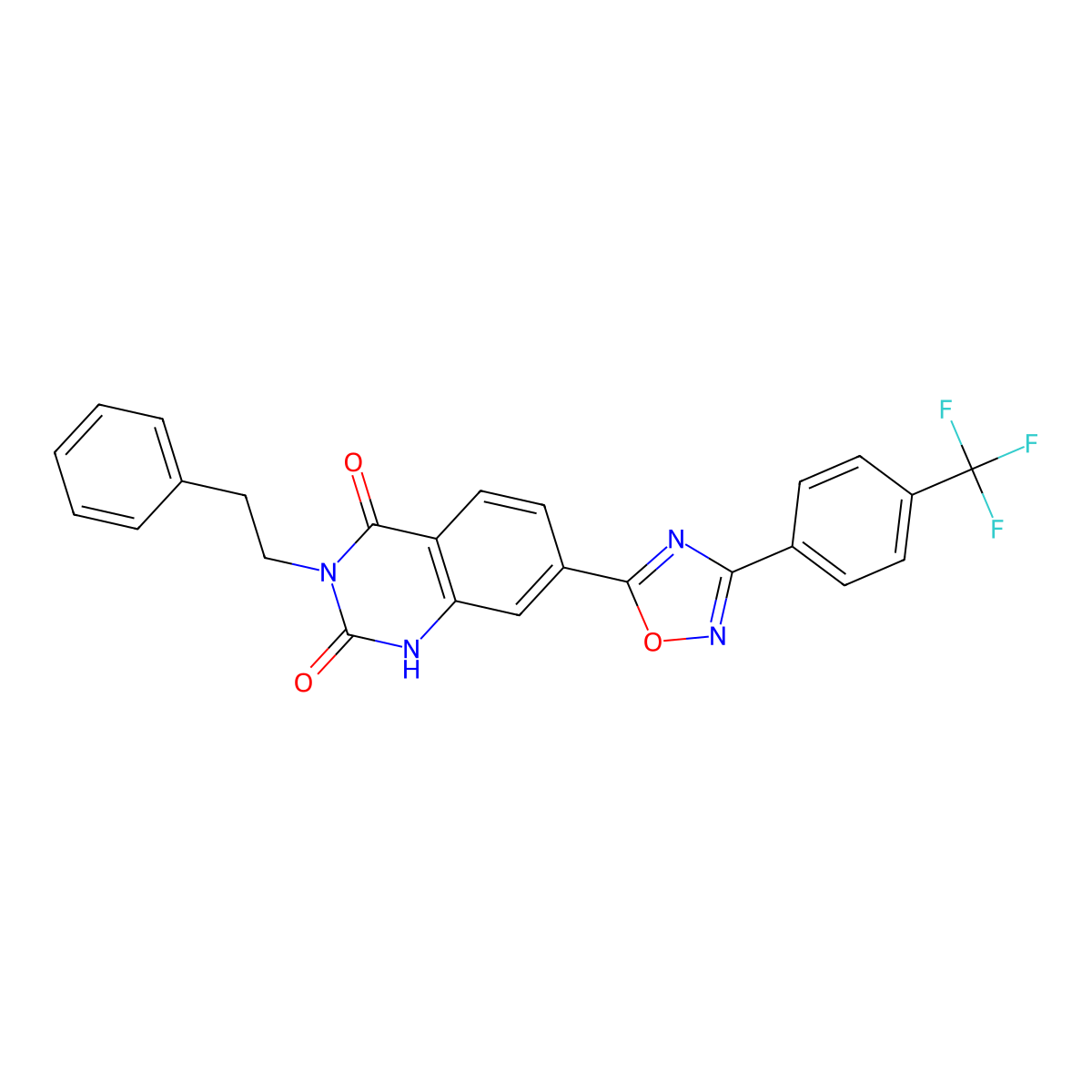 3-phenethyl-7-(3-(4-(trifluoromethyl)phenyl)-1,2,4-oxadiazol-5-yl)quinazoline-2,4(1H,3H)-dione molecular structure, CAS 1357796-47-4