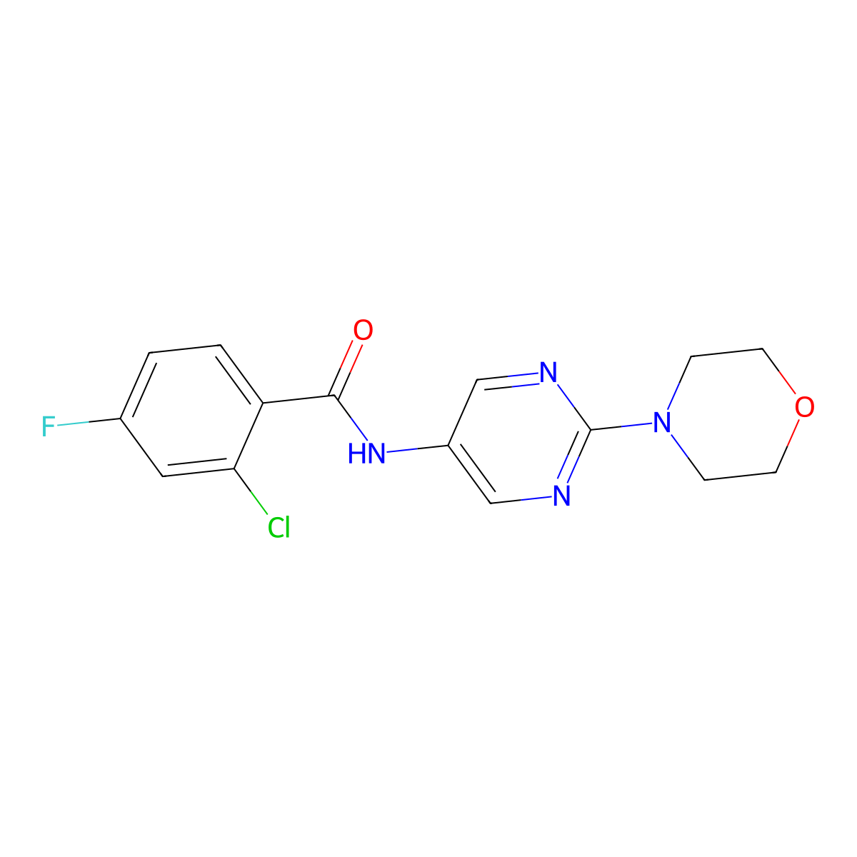 2-chloro-4-fluoro-N-(2-morpholinopyrimidin-5-yl)benzamide molecular structure, CAS 1357799-02-0