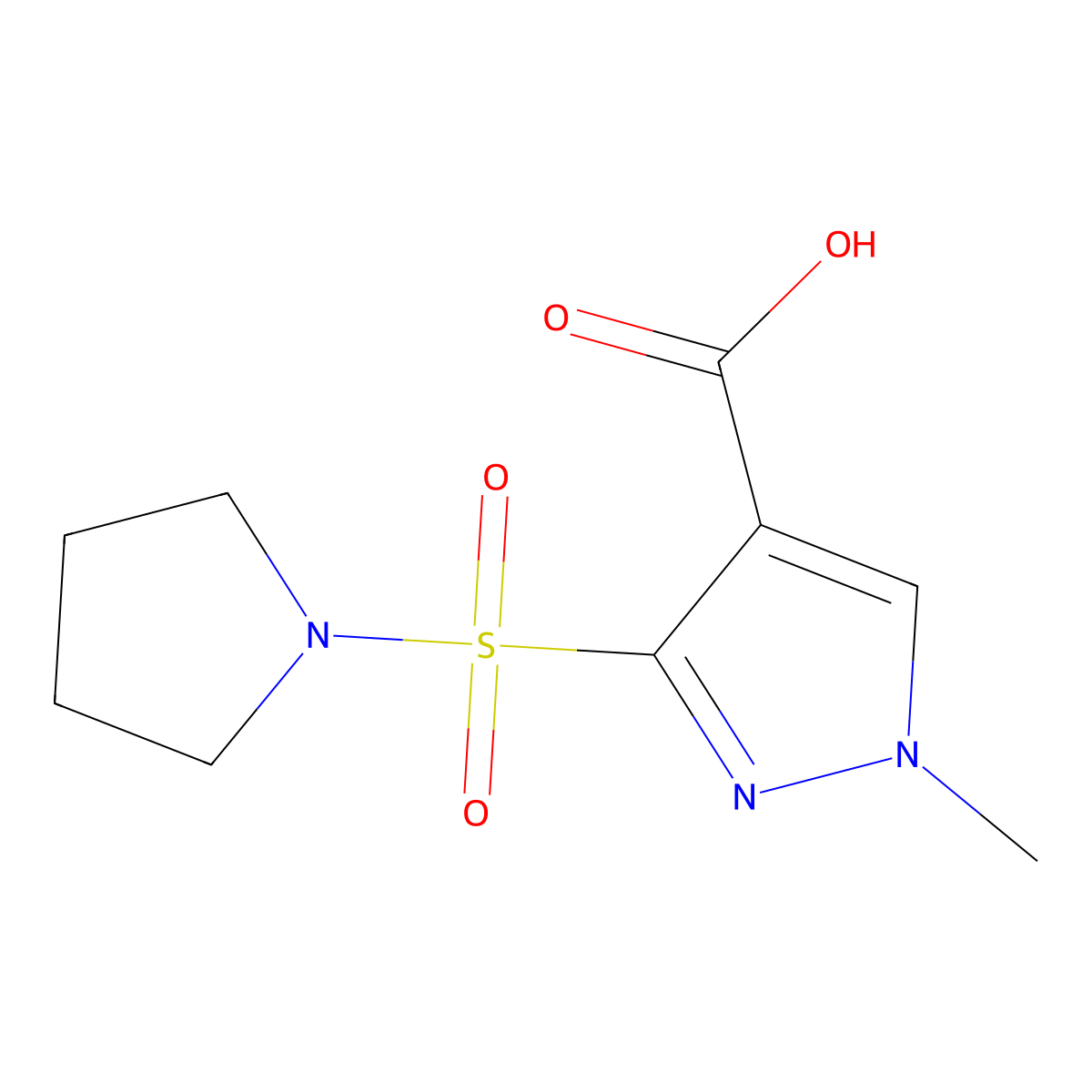 1-methyl-3-(1-pyrrolidinylsulfonyl)-1H-pyrazole-4-carboxylic acid molecular structure, CAS 1357804-14-8