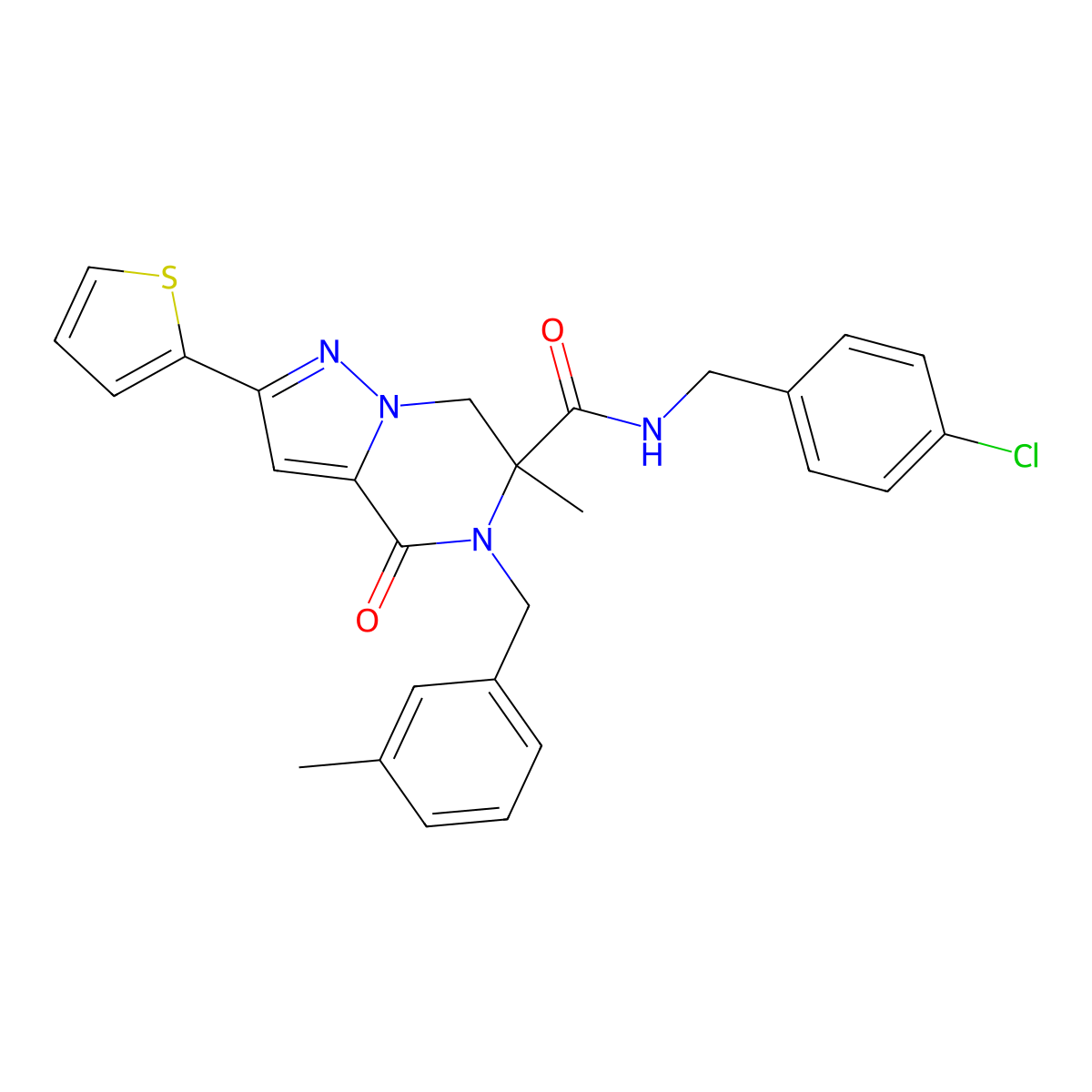 N-[(4-Chlorophenyl)methyl]-6-methyl-5-[(3-methylphenyl)methyl]-4-oxo-2-(thiophen-2-YL)-4H,5H,6H,7H-pyrazolo[1,5-A]pyrazine-6-carboxamide molecular structure, CAS 1357813-95-6