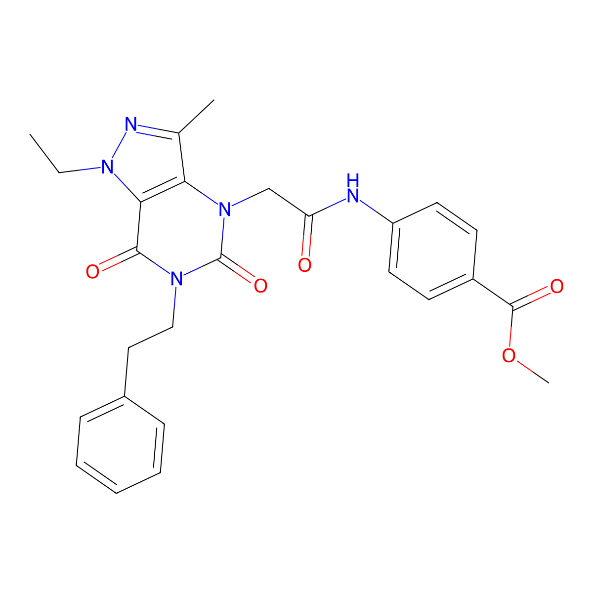 methyl 4-(2-(1-ethyl-3-methyl-5,7-dioxo-6-phenethyl-6,7-dihydro-1H-pyrazolo[4,3-d]pyrimidin-4(5H)-yl)acetamido)benzoate molecular structure, CAS 1357815-72-5