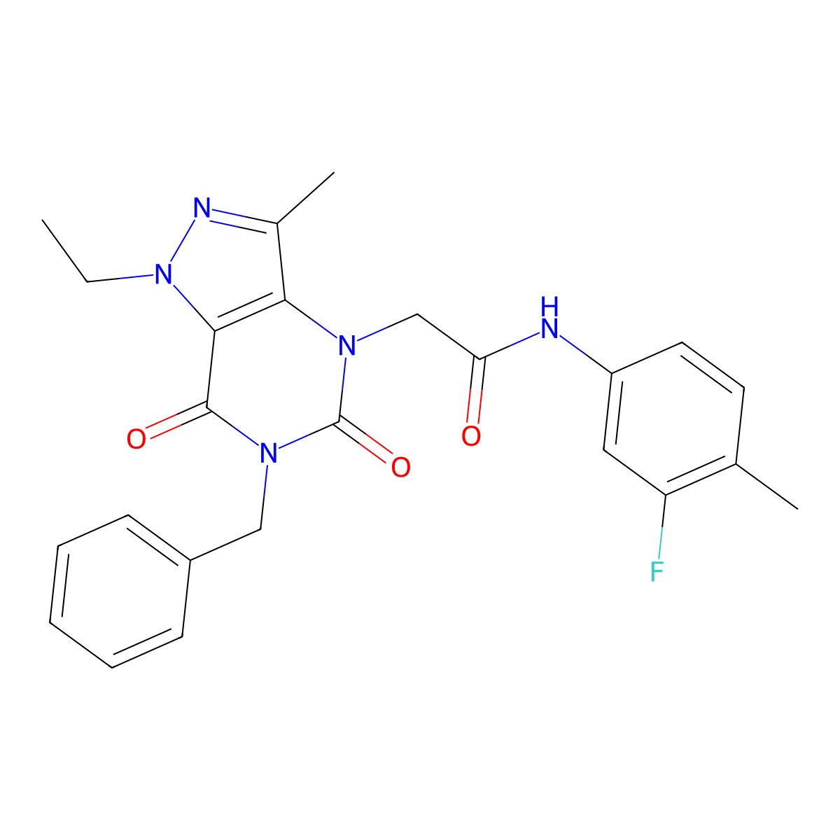 2-{6-benzyl-1-ethyl-3-methyl-5,7-dioxo-1H,4H,5H,6H,7H-pyrazolo[4,3-d]pyrimidin-4-yl}-N-(3-fluoro-4-methylphenyl)acetamide molecular structure, CAS 1357815-96-3