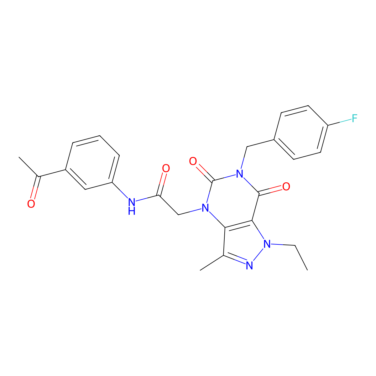 N-(3-acetylphenyl)-2-(1-ethyl-6-(4-fluorobenzyl)-3-methyl-5,7-dioxo-6,7-dihydro-1H-pyrazolo[4,3-d]pyrimidin-4(5H)-yl)acetamide molecular structure, CAS 1357816-27-3