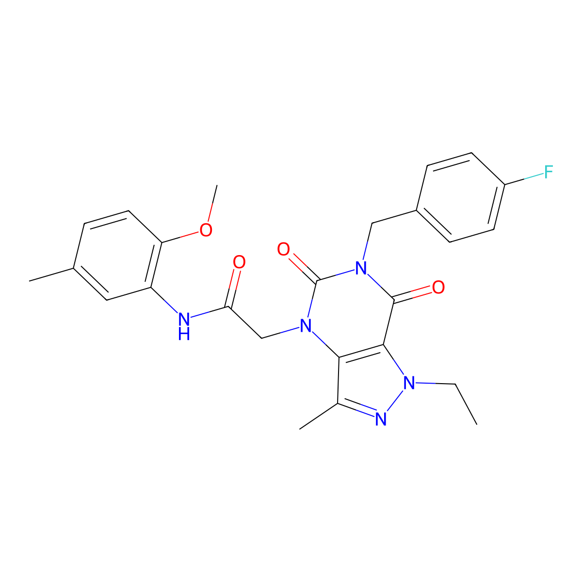 2-(1-ethyl-6-(4-fluorobenzyl)-3-methyl-5,7-dioxo-6,7-dihydro-1H-pyrazolo[4,3-d]pyrimidin-4(5H)-yl)-N-(2-methoxy-5-methylphenyl)acetamide molecular structure, CAS 1357816-35-3