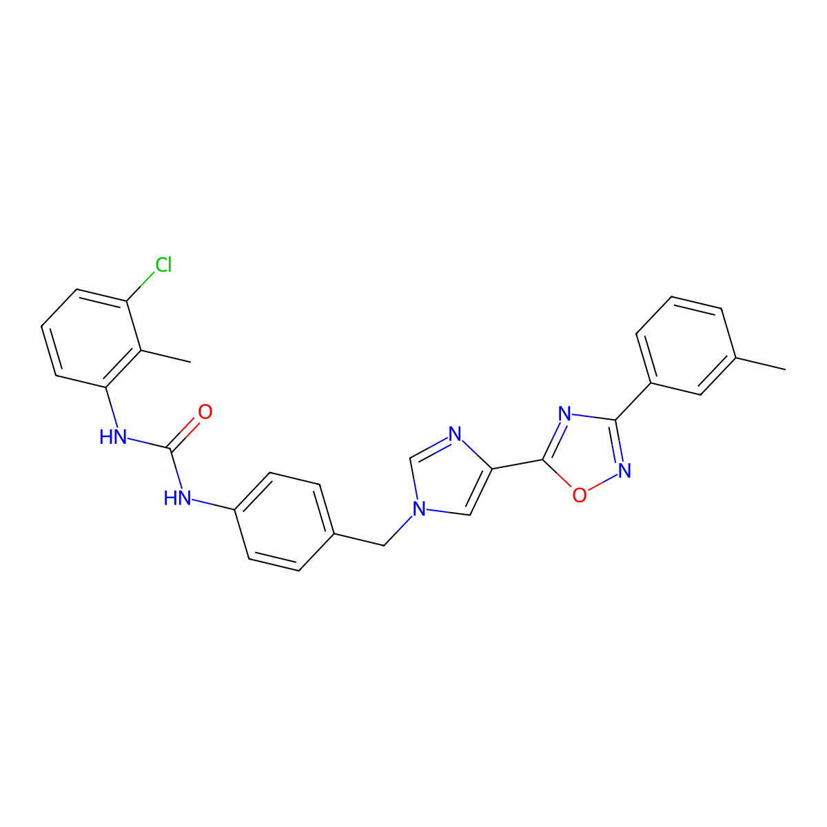 1-(3-chloro-2-methylphenyl)-3-(4-((4-(3-(m-tolyl)-1,2,4-oxadiazol-5-yl)-1H-imidazol-1-yl)methyl)phenyl)urea molecular structure, CAS 1357823-23-4