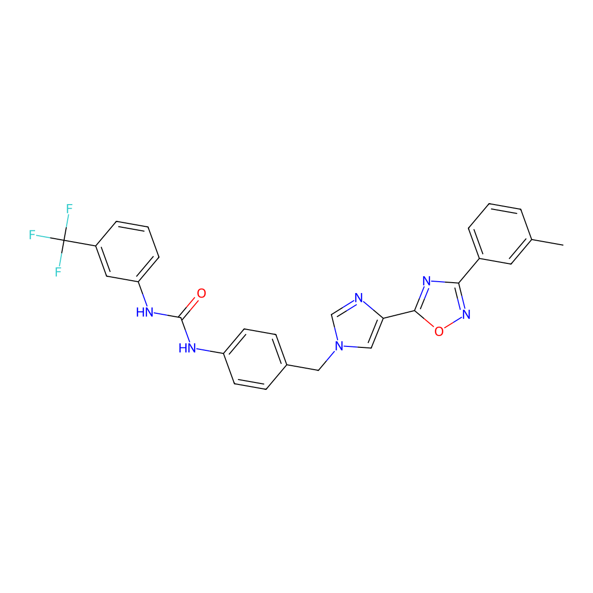 1-[4-({4-[3-(3-methylphenyl)-1,2,4-oxadiazol-5-yl]-1H-imidazol-1-yl}methyl)phenyl]-3-[3-(trifluoromethyl)phenyl]urea molecular structure, CAS 1357823-43-8