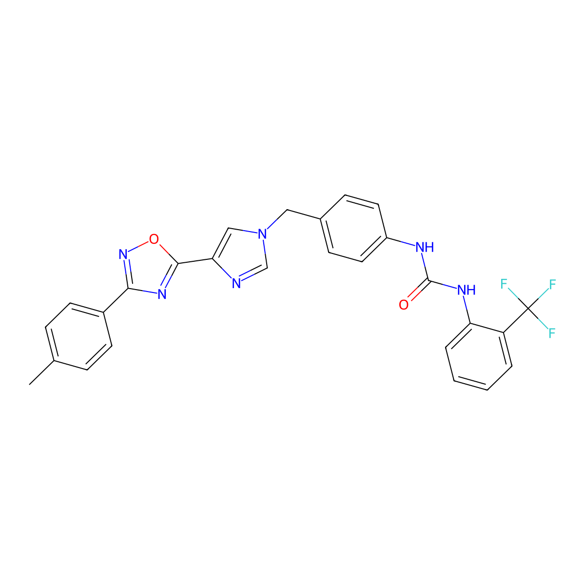 1-[4-({4-[3-(4-methylphenyl)-1,2,4-oxadiazol-5-yl]-1H-imidazol-1-yl}methyl)phenyl]-3-[2-(trifluoromethyl)phenyl]urea molecular structure, CAS 1357831-49-2
