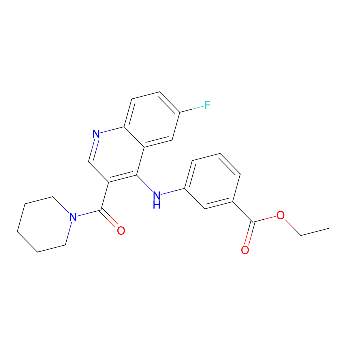 Ethyl 3-{[6-fluoro-3-(piperidine-1-carbonyl)quinolin-4-yl]amino}benzoate molecular structure, CAS 1357835-07-4