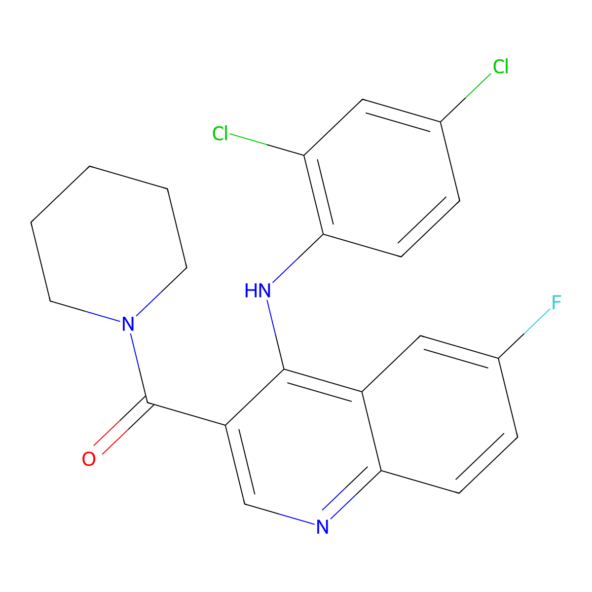 (4-((2,4-Dichlorophenyl)amino)-6-fluoroquinolin-3-yl)(piperidin-1-yl)methanone molecular structure, CAS 1357836-38-4