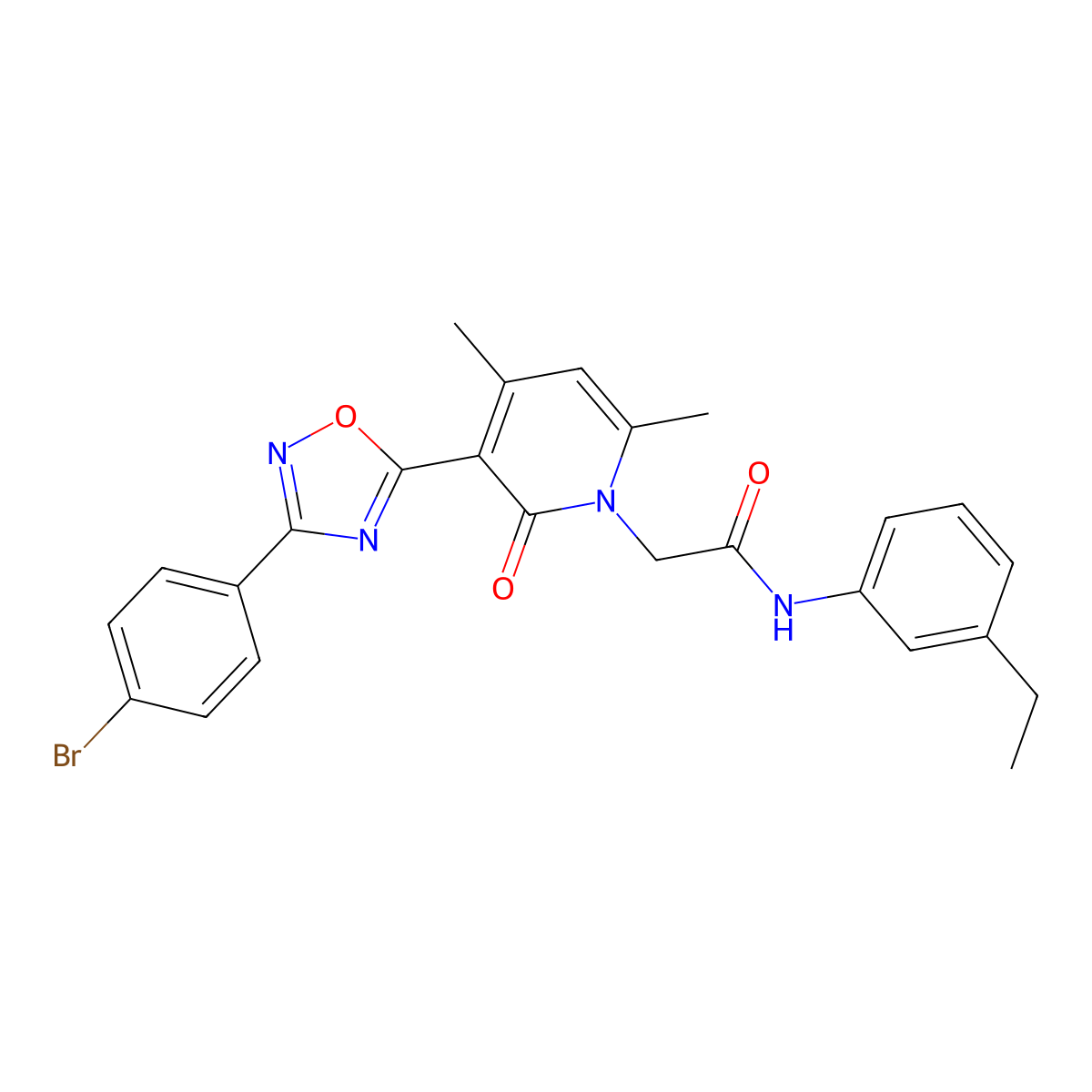 2-(3-(3-(4-bromophenyl)-1,2,4-oxadiazol-5-yl)-4,6-dimethyl-2-oxopyridin-1(2H)-yl)-N-(3-ethylphenyl)acetamide molecular structure, CAS 1357839-27-0