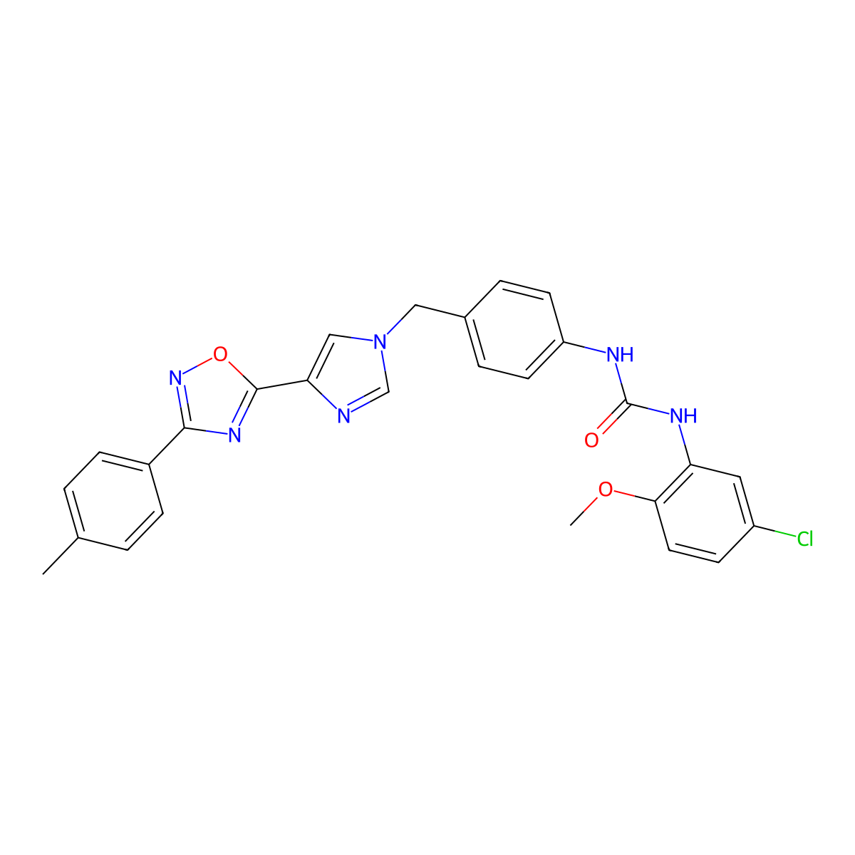 1-(5-chloro-2-methoxyphenyl)-3-(4-((4-(3-(p-tolyl)-1,2,4-oxadiazol-5-yl)-1H-imidazol-1-yl)methyl)phenyl)urea molecular structure, CAS 1357847-44-9