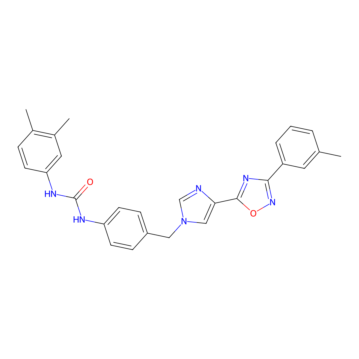 1-(3,4-dimethylphenyl)-3-(4-((4-(3-(m-tolyl)-1,2,4-oxadiazol-5-yl)-1H-imidazol-1-yl)methyl)phenyl)urea molecular structure, CAS 1357852-05-1