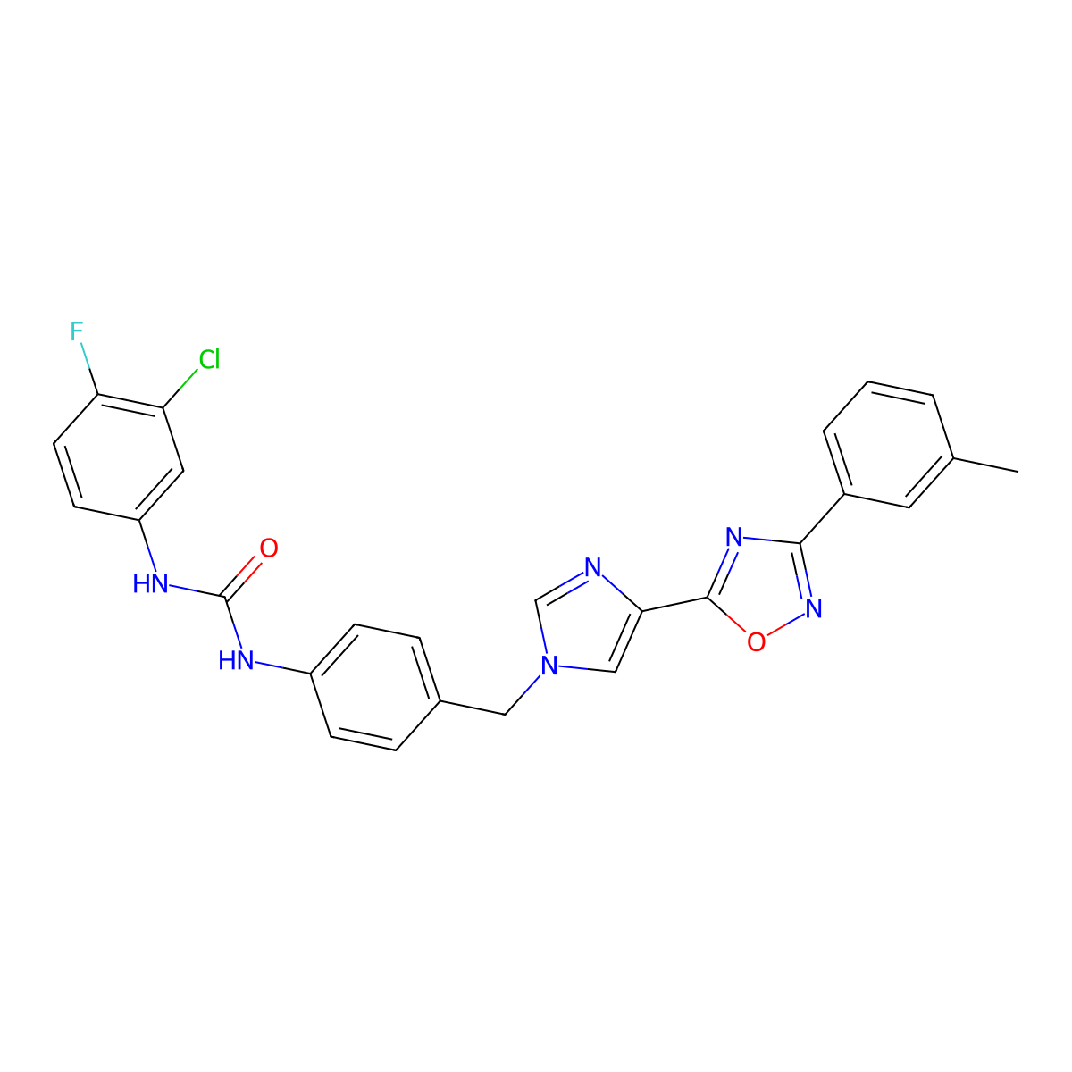 1-(3-chloro-4-fluorophenyl)-3-(4-((4-(3-(m-tolyl)-1,2,4-oxadiazol-5-yl)-1H-imidazol-1-yl)methyl)phenyl)urea molecular structure, CAS 1357852-25-5