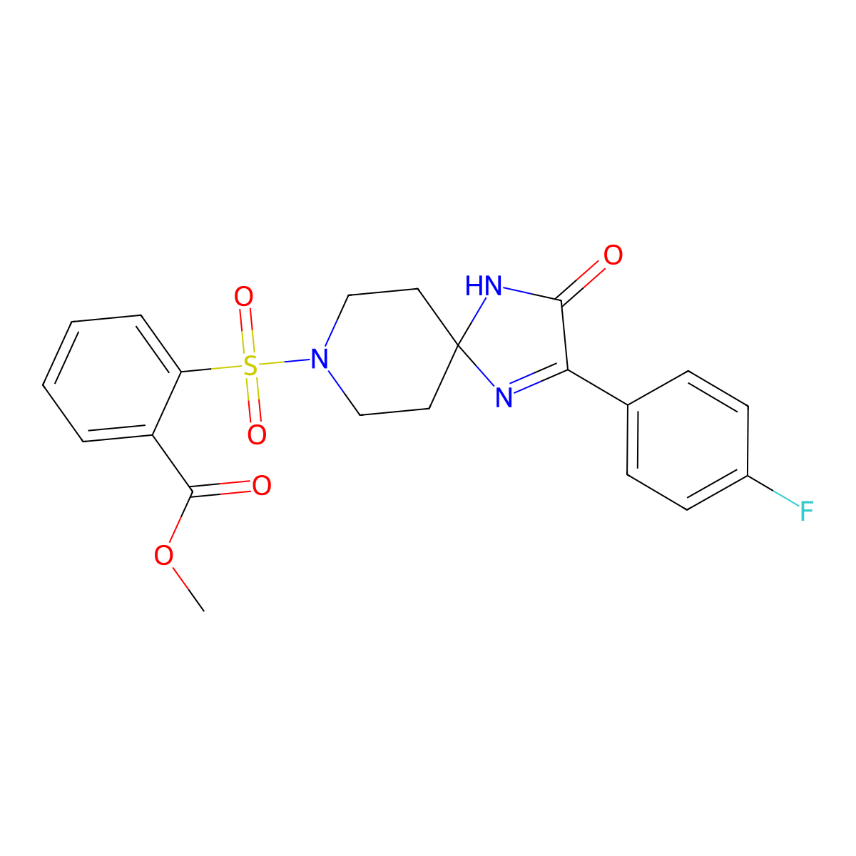 Methyl 2-((2-(4-fluorophenyl)-3-oxo-1,4,8-triazaspiro[4.5]dec-1-en-8-yl)sulfonyl)benzoate molecular structure, CAS 1357860-81-1