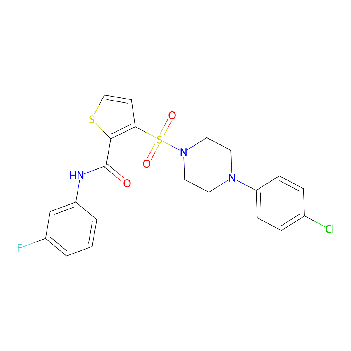 3-{[4-(4-chlorophenyl)piperazin-1-yl]sulfonyl}-N-(3-fluorophenyl)thiophene-2-carboxamide molecular structure, CAS 1357865-55-4