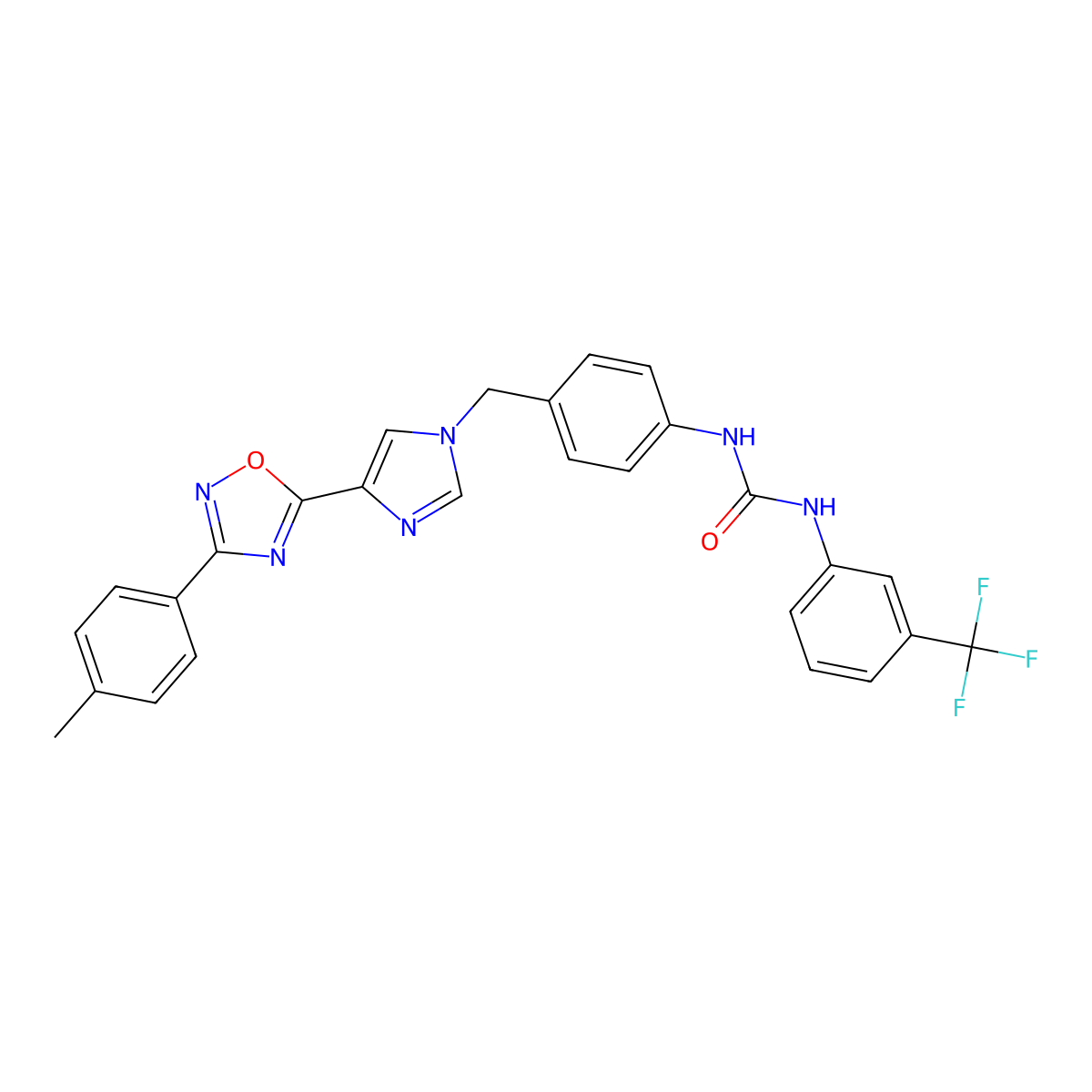1-[4-({4-[3-(4-methylphenyl)-1,2,4-oxadiazol-5-yl]-1H-imidazol-1-yl}methyl)phenyl]-3-[3-(trifluoromethyl)phenyl]urea molecular structure, CAS 1357866-70-6