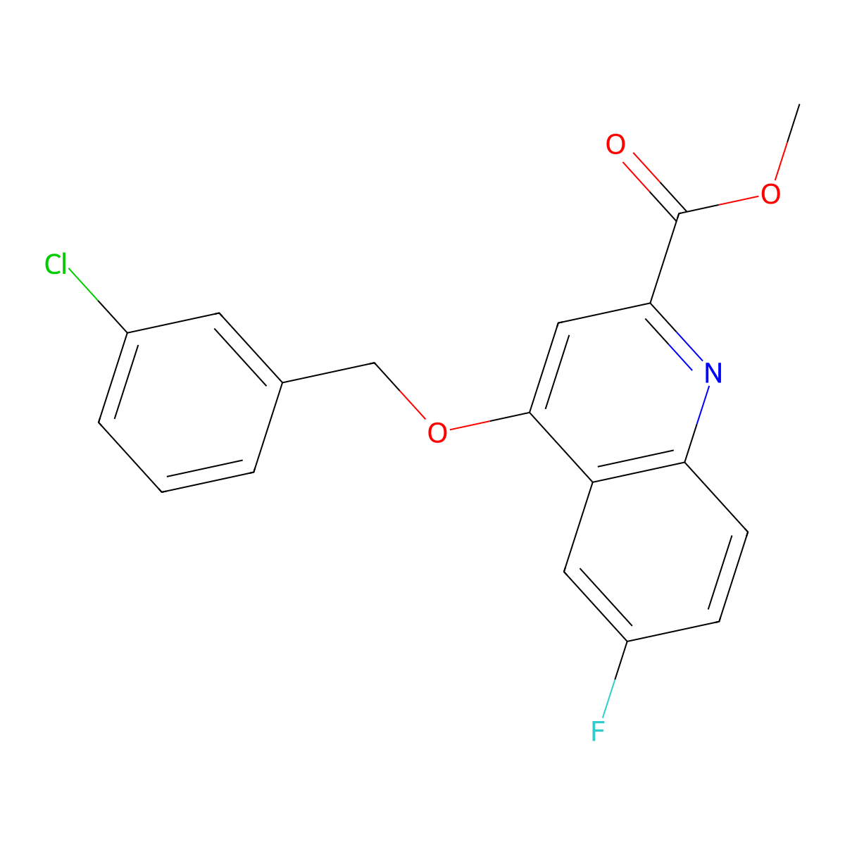 Methyl 4-((3-chlorobenzyl)oxy)-6-fluoroquinoline-2-carboxylate molecular structure, CAS 1357936-14-1