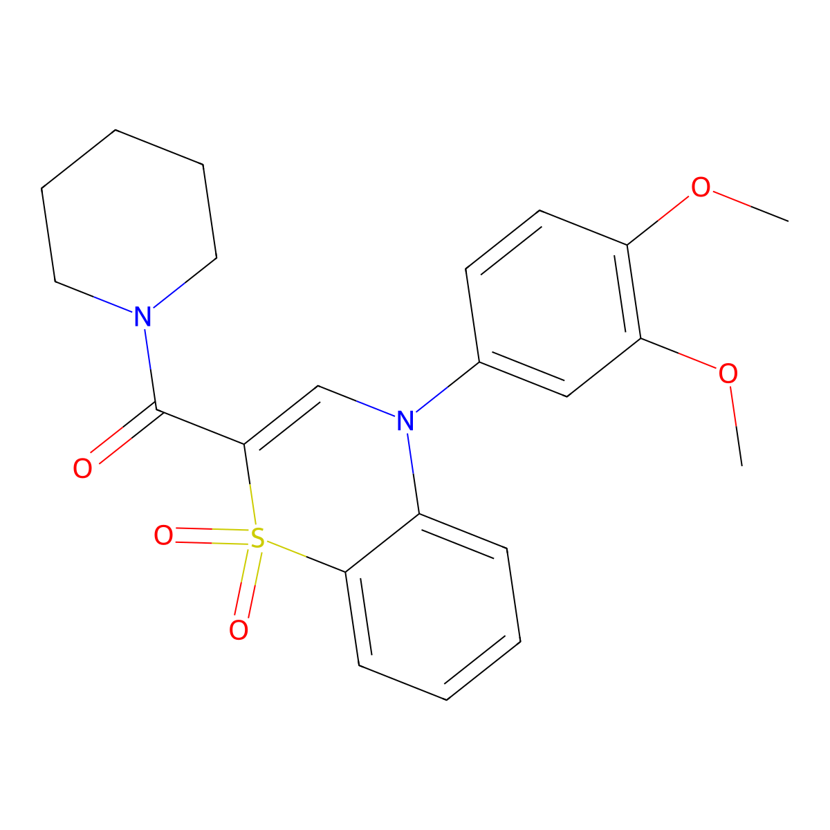 (4-(3,4-dimethoxyphenyl)-1,1-dioxido-4H-benzo[b][1,4]thiazin-2-yl)(piperidin-1-yl)methanone molecular structure, CAS 1357937-91-7