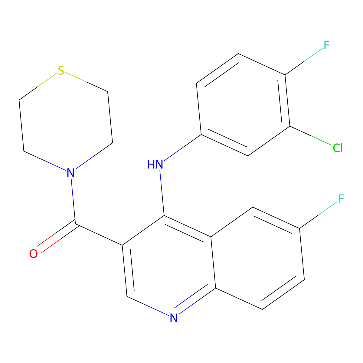 (4-((3-Chloro-4-fluorophenyl)amino)-6-fluoroquinolin-3-yl)(thiomorpholino)methanone molecular structure, CAS 1357967-58-8