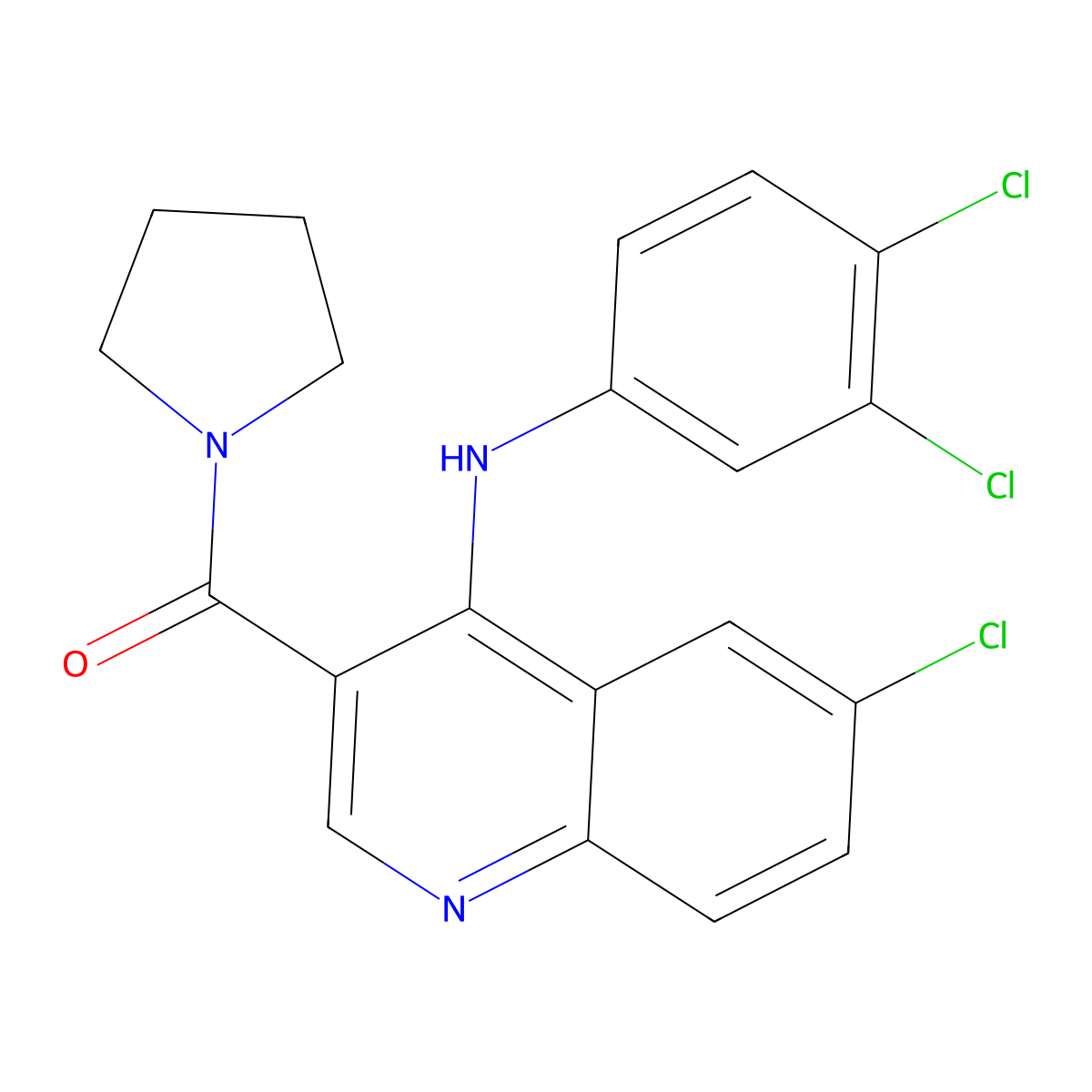 (6-Chloro-4-((3,4-dichlorophenyl)amino)quinolin-3-yl)(pyrrolidin-1-yl)methanone molecular structure, CAS 1357968-32-1