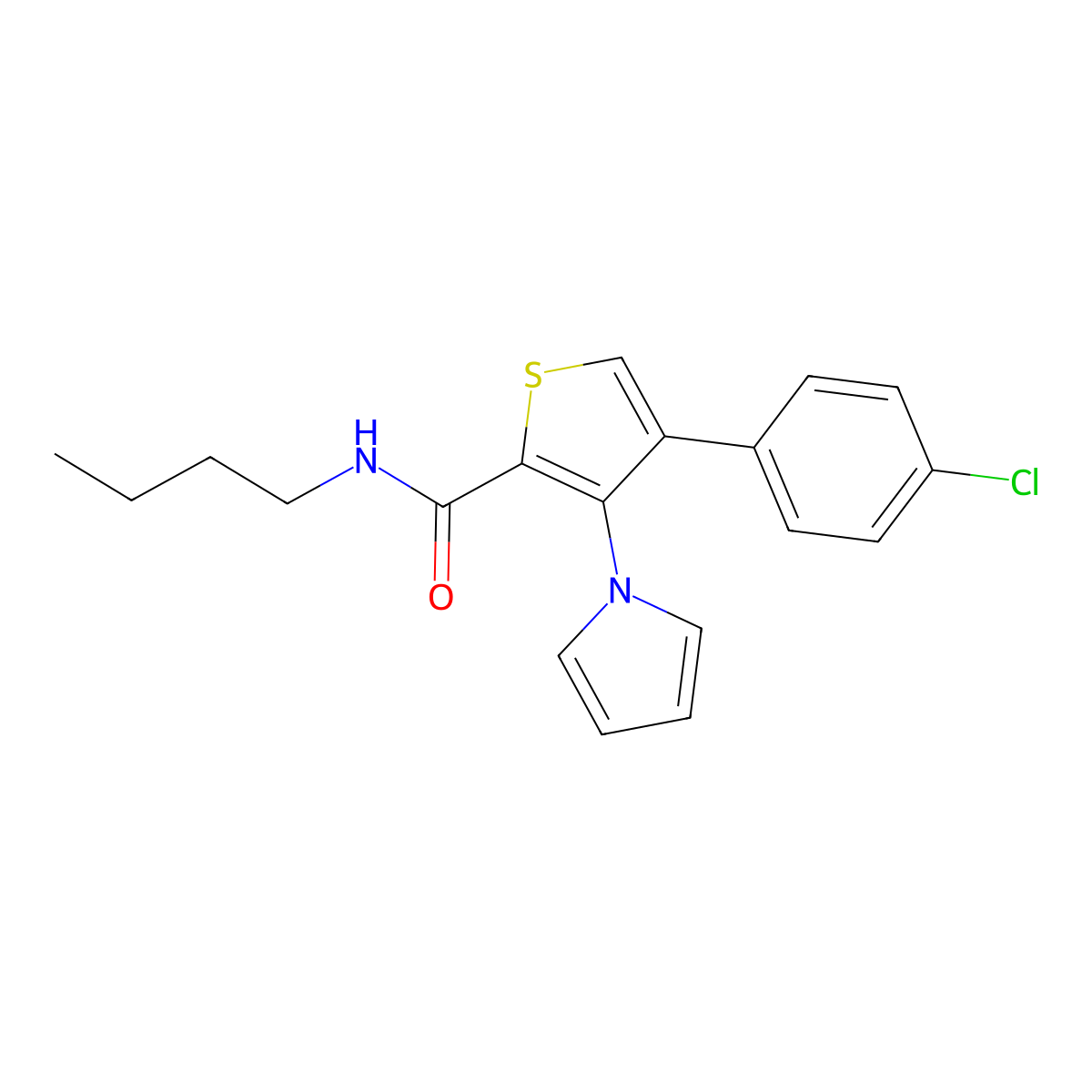 N-butyl-4-(4-chlorophenyl)-3-(1H-pyrrol-1-yl)thiophene-2-carboxamide molecular structure, CAS 1357969-64-2