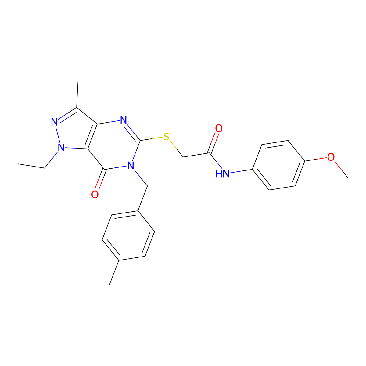 2-({1-ethyl-3-methyl-6-[(4-methylphenyl)methyl]-7-oxo-1H,6H,7H-pyrazolo[4,3-d]pyrimidin-5-yl}sulfanyl)-N-(4-methoxyphenyl)acetamide molecular structure, CAS 1357971-38-0