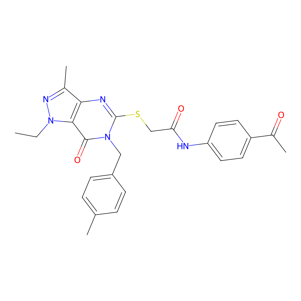 N-(4-acetylphenyl)-2-((1-ethyl-3-methyl-6-(4-methylbenzyl)-7-oxo-6,7-dihydro-1H-pyrazolo[4,3-d]pyrimidin-5-yl)thio)acetamide molecular structure, CAS 1357971-76-6