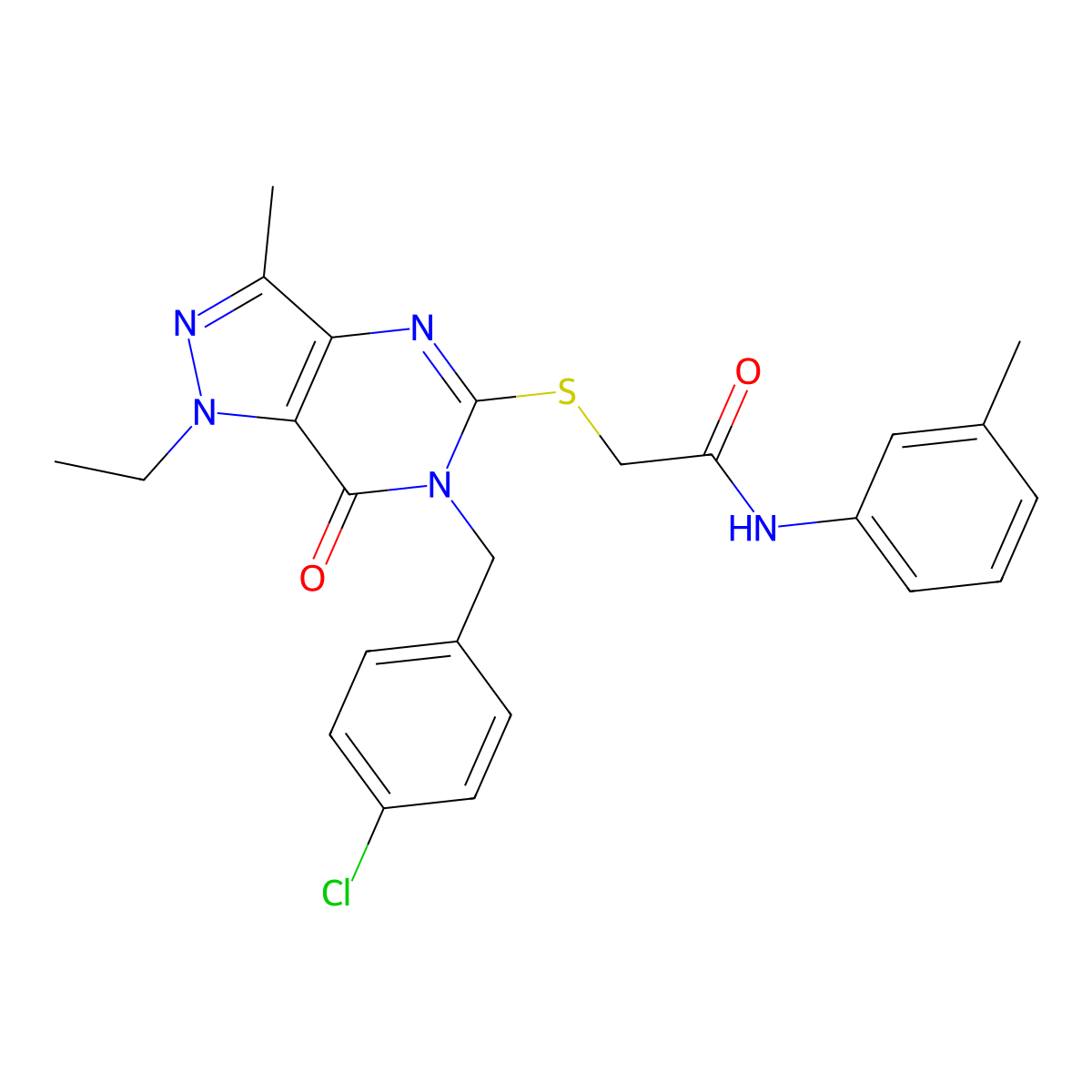 2-({6-[(4-chlorophenyl)methyl]-1-ethyl-3-methyl-7-oxo-1H,6H,7H-pyrazolo[4,3-d]pyrimidin-5-yl}sulfanyl)-N-(3-methylphenyl)acetamide molecular structure, CAS 1357972-09-8