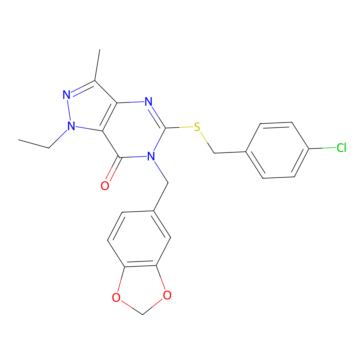 6-(benzo[d][1,3]dioxol-5-ylmethyl)-5-((4-chlorobenzyl)thio)-1-ethyl-3-methyl-1H-pyrazolo[4,3-d]pyrimidin-7(6H)-one molecular structure, CAS 1357972-44-1