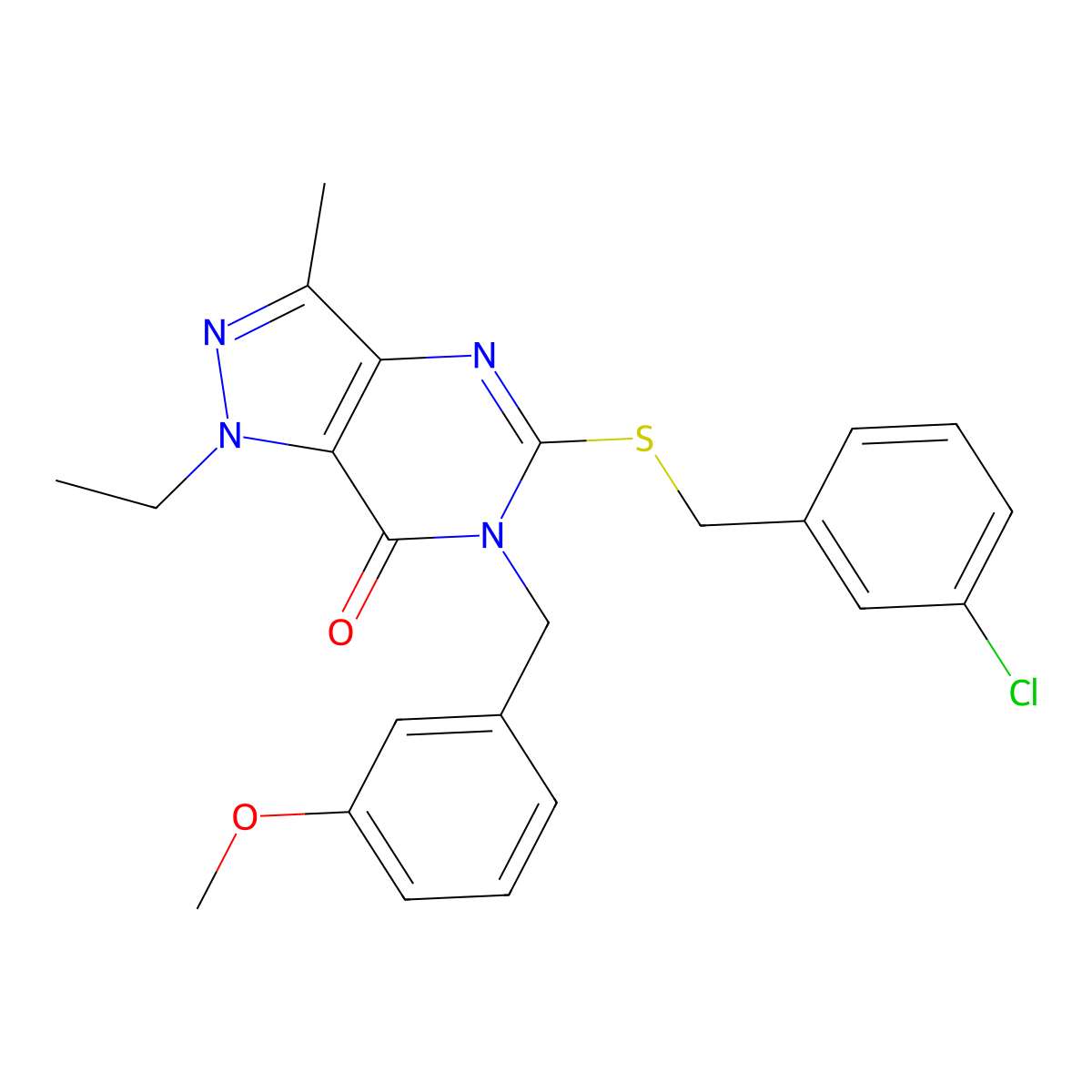 5-((3-chlorobenzyl)thio)-1-ethyl-6-(3-methoxybenzyl)-3-methyl-1H-pyrazolo[4,3-d]pyrimidin-7(6H)-one molecular structure, CAS 1357972-59-8