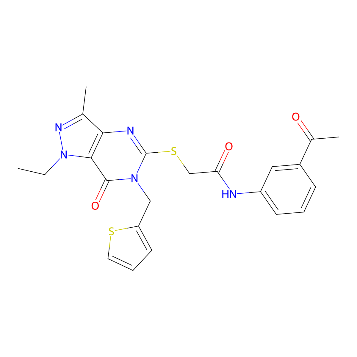 N-(3-acetylphenyl)-2-((1-ethyl-3-methyl-7-oxo-6-(thiophen-2-ylmethyl)-6,7-dihydro-1H-pyrazolo[4,3-d]pyrimidin-5-yl)thio)acetamide molecular structure, CAS 1357973-92-2