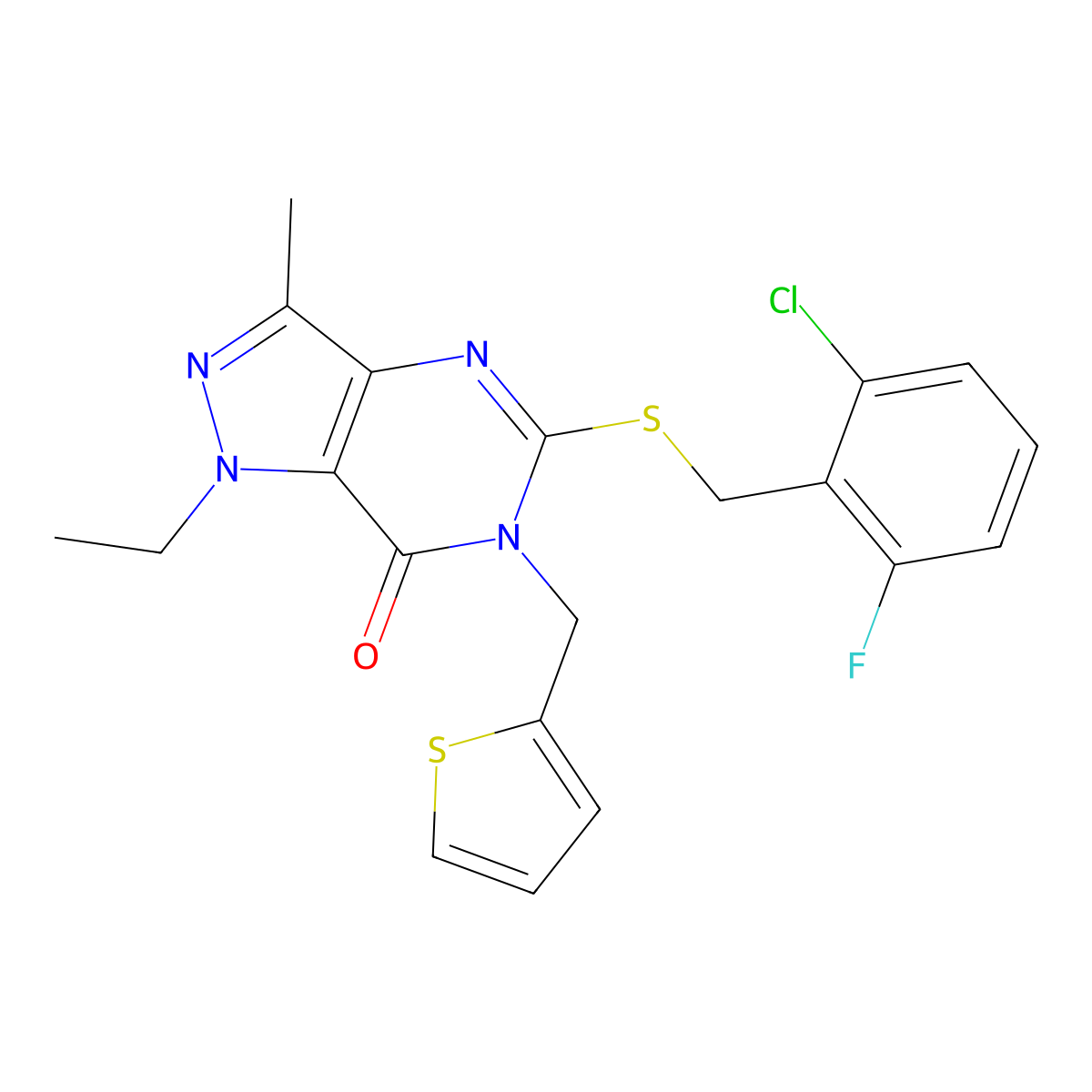 5-((2-chloro-6-fluorobenzyl)thio)-1-ethyl-3-methyl-6-(thiophen-2-ylmethyl)-1H-pyrazolo[4,3-d]pyrimidin-7(6H)-one molecular structure, CAS 1357974-60-7
