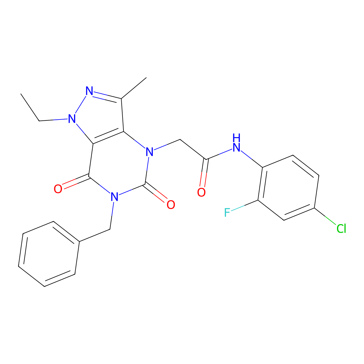 2-{6-benzyl-1-ethyl-3-methyl-5,7-dioxo-1H,4H,5H,6H,7H-pyrazolo[4,3-d]pyrimidin-4-yl}-N-(4-chloro-2-fluorophenyl)acetamide molecular structure, CAS 1358024-99-3