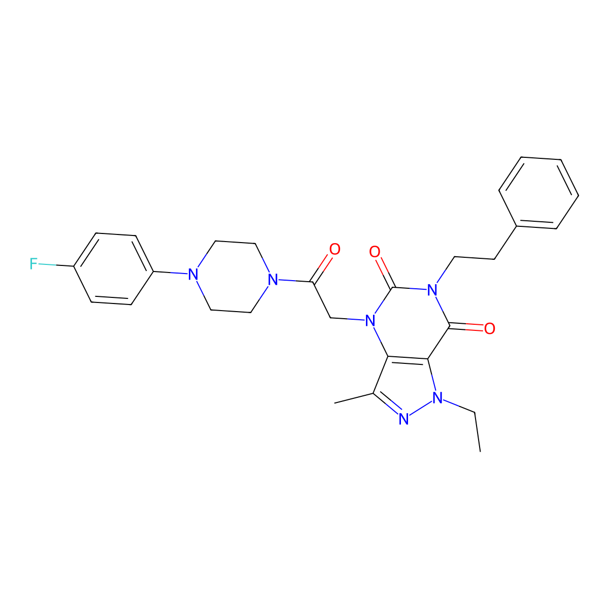 1-ethyl-4-(2-(4-(4-fluorophenyl)piperazin-1-yl)-2-oxoethyl)-3-methyl-6-phenethyl-1H-pyrazolo[4,3-d]pyrimidine-5,7(4H,6H)-dione molecular structure, CAS 1358025-10-1