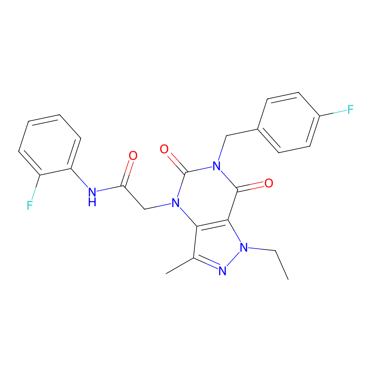 2-(1-ethyl-6-(4-fluorobenzyl)-3-methyl-5,7-dioxo-6,7-dihydro-1H-pyrazolo[4,3-d]pyrimidin-4(5H)-yl)-N-(2-fluorophenyl)acetamide molecular structure, CAS 1358026-79-5