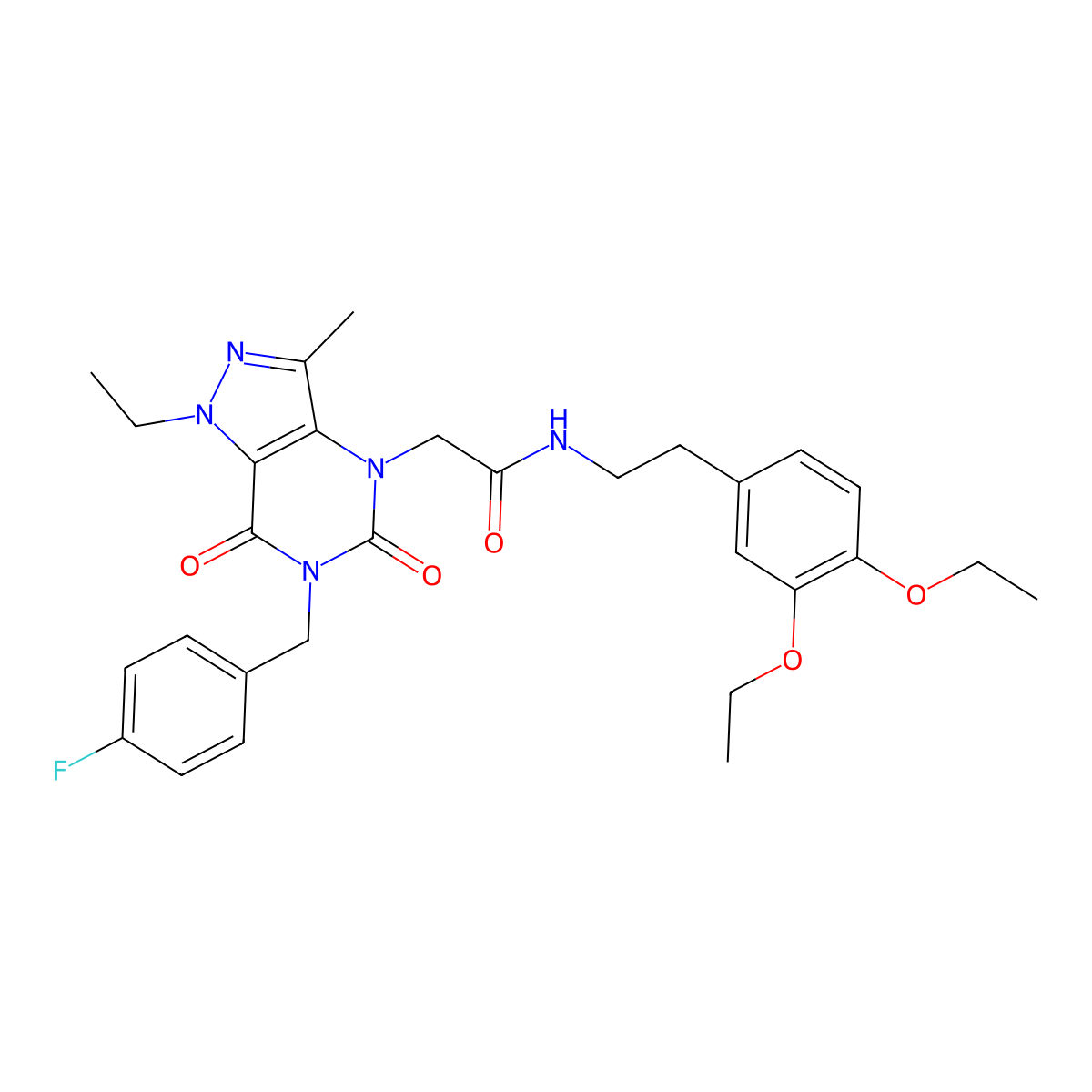 N-(3,4-diethoxyphenethyl)-2-(1-ethyl-6-(4-fluorobenzyl)-3-methyl-5,7-dioxo-6,7-dihydro-1H-pyrazolo[4,3-d]pyrimidin-4(5H)-yl)acetamide molecular structure, CAS 1358027-76-5