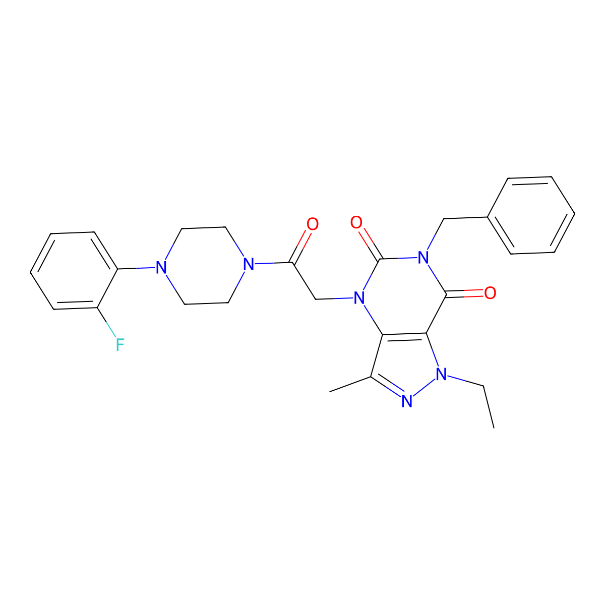 6-benzyl-1-ethyl-4-(2-(4-(2-fluorophenyl)piperazin-1-yl)-2-oxoethyl)-3-methyl-1H-pyrazolo[4,3-d]pyrimidine-5,7(4H,6H)-dione molecular structure, CAS 1358042-25-7