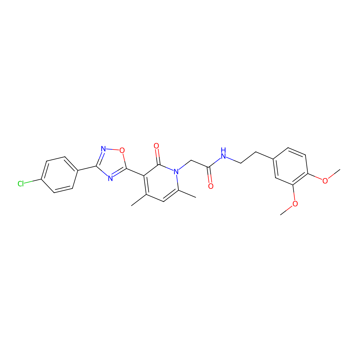 2-(3-(3-(4-chlorophenyl)-1,2,4-oxadiazol-5-yl)-4,6-dimethyl-2-oxopyridin-1(2H)-yl)-N-(3,4-dimethoxyphenethyl)acetamide molecular structure, CAS 1358045-07-4