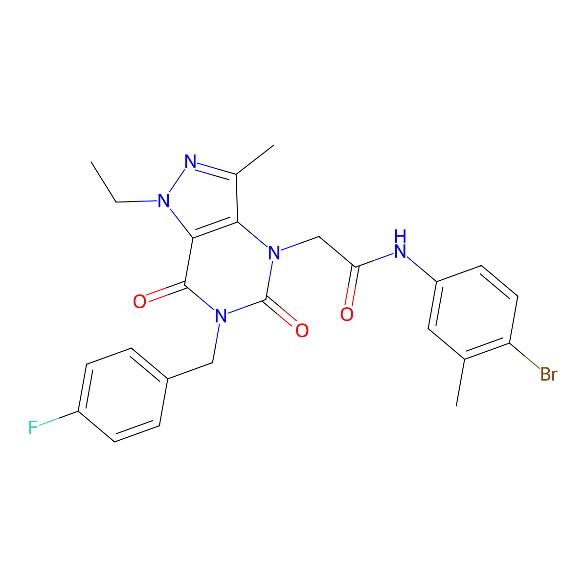 N-(4-bromo-3-methylphenyl)-2-(1-ethyl-6-(4-fluorobenzyl)-3-methyl-5,7-dioxo-6,7-dihydro-1H-pyrazolo[4,3-d]pyrimidin-4(5H)-yl)acetamide molecular structure, CAS 1358045-23-4