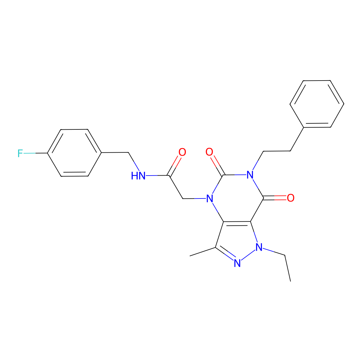 2-(1-ethyl-3-methyl-5,7-dioxo-6-phenethyl-6,7-dihydro-1H-pyrazolo[4,3-d]pyrimidin-4(5H)-yl)-N-(4-fluorobenzyl)acetamide molecular structure, CAS 1358046-83-9