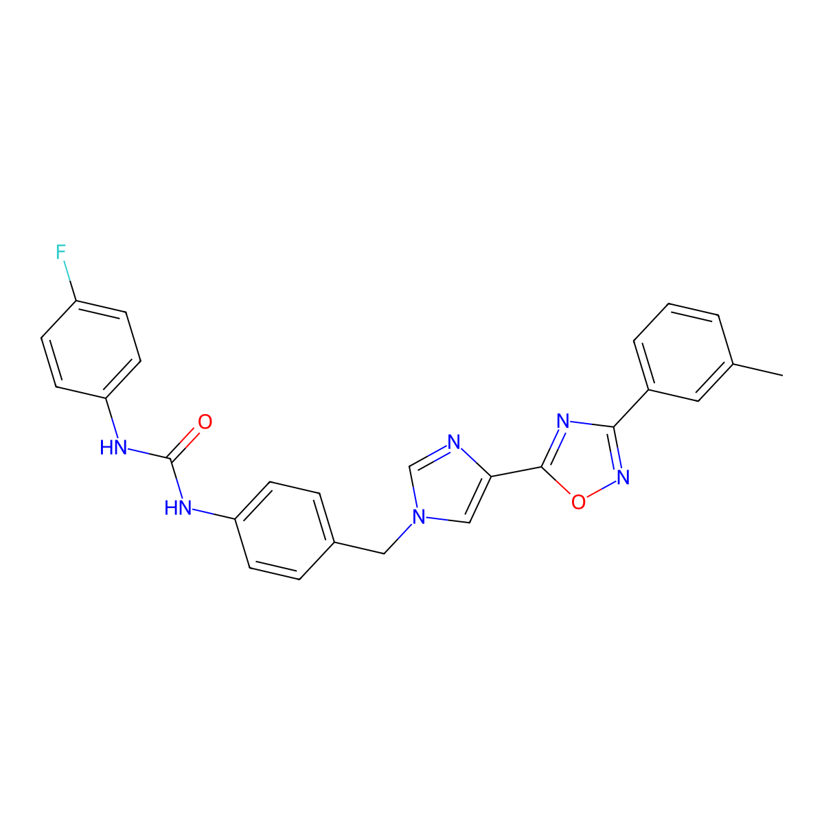 1-(4-fluorophenyl)-3-(4-((4-(3-(m-tolyl)-1,2,4-oxadiazol-5-yl)-1H-imidazol-1-yl)methyl)phenyl)urea molecular structure, CAS 1358050-10-8
