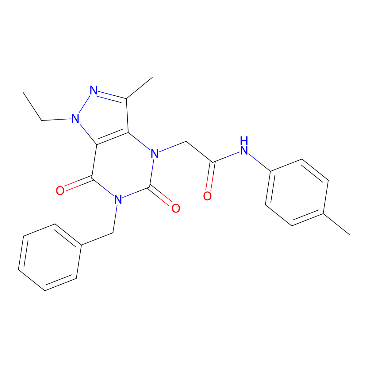 2-(6-benzyl-1-ethyl-3-methyl-5,7-dioxo-6,7-dihydro-1H-pyrazolo[4,3-d]pyrimidin-4(5H)-yl)-N-(p-tolyl)acetamide molecular structure, CAS 1358053-43-6